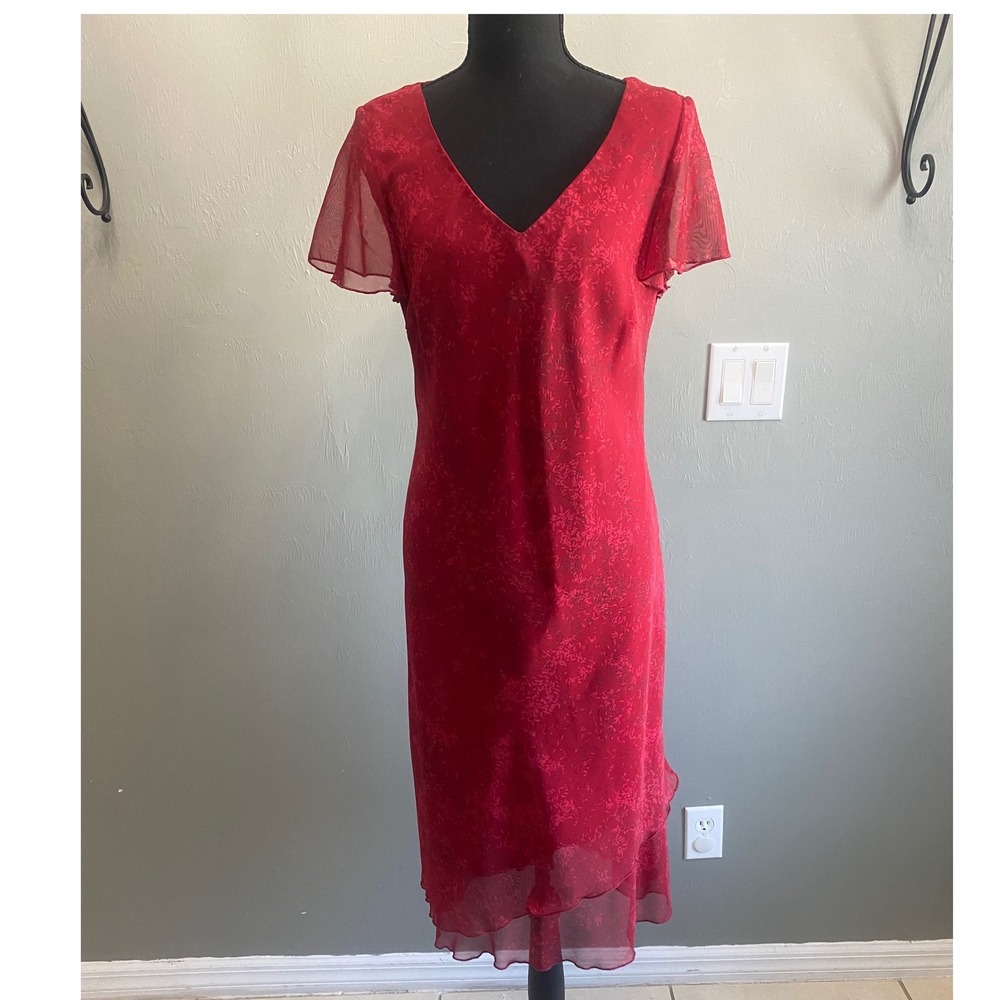 Bebe Red Floral V-Neck Flutter Sleeve Layered Midi Dress Hem Sheer Overlay